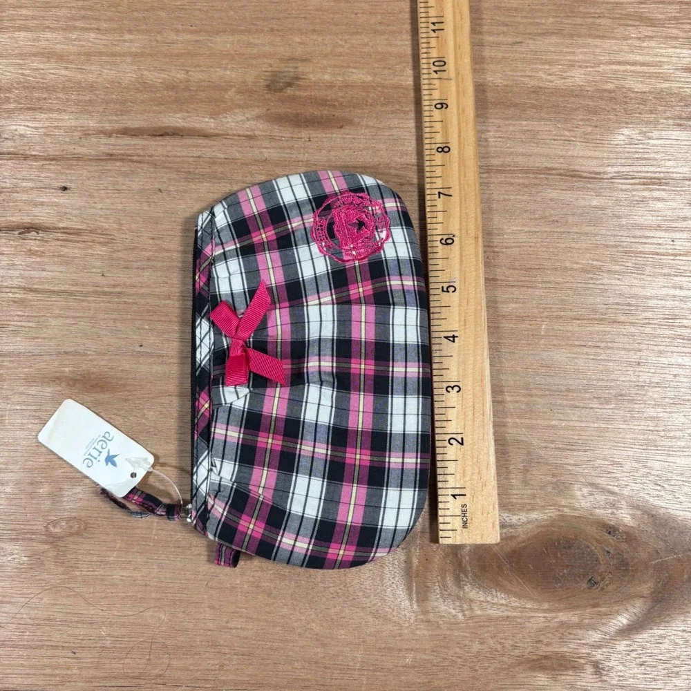 Aerie Plaid Makeup Bag Pink Black White Bow Cosmetic Pouch NWT 9124-00154-0007